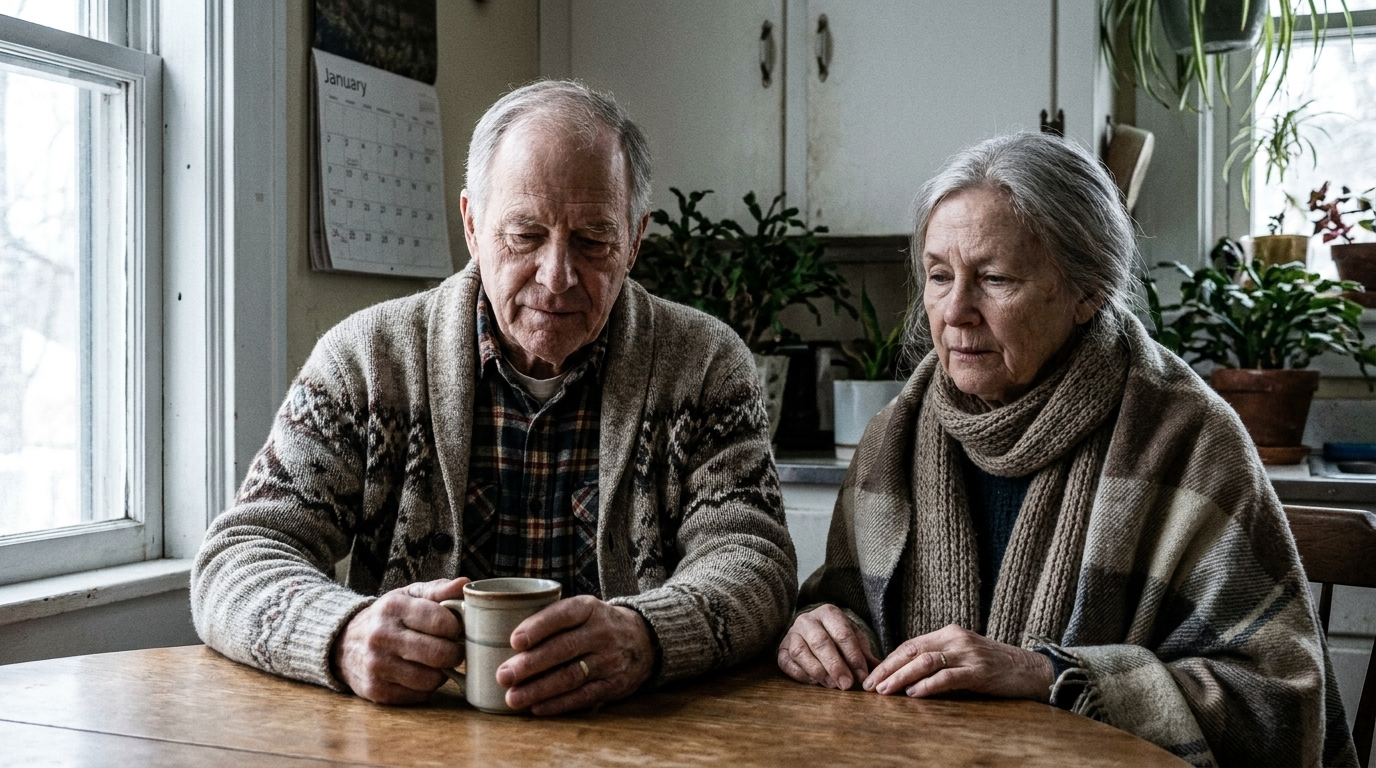 Older couple enjoying warm drinks together in a cozy kitchen