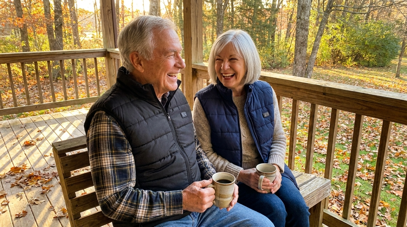 An older man in a navy heated vest laughing with his adult daughter on a winter porch