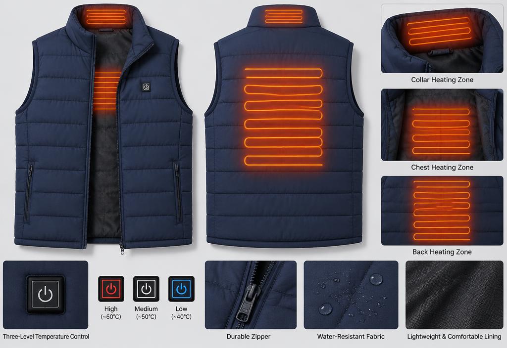Navy heated vest showing nine heating zones across the back, chest and collar plus the three-level control button